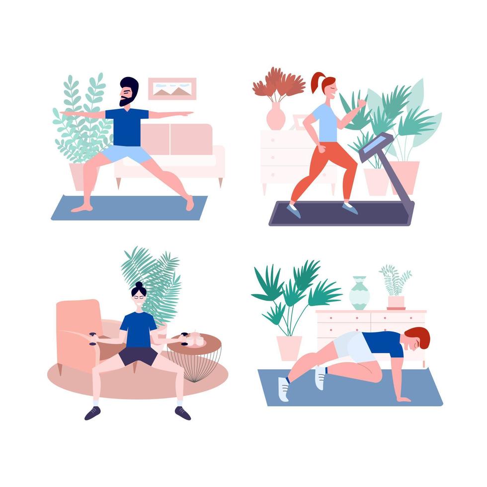 huis sport opleiding set. mensen geschiktheid werkzaamheid in kamer, vrouw en Mens aan het doen fysiek opdrachten yoga en gymnastiek Bij huis. vlak stijl sport illustratie. vector