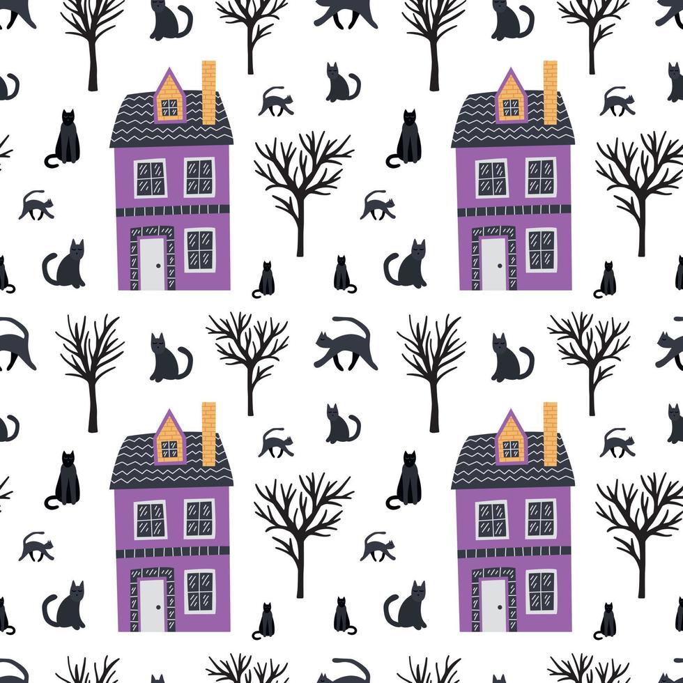 zwart katten en land huisje naadloos patroon. ciuntry huizen en katten tekenfilm patroon vector