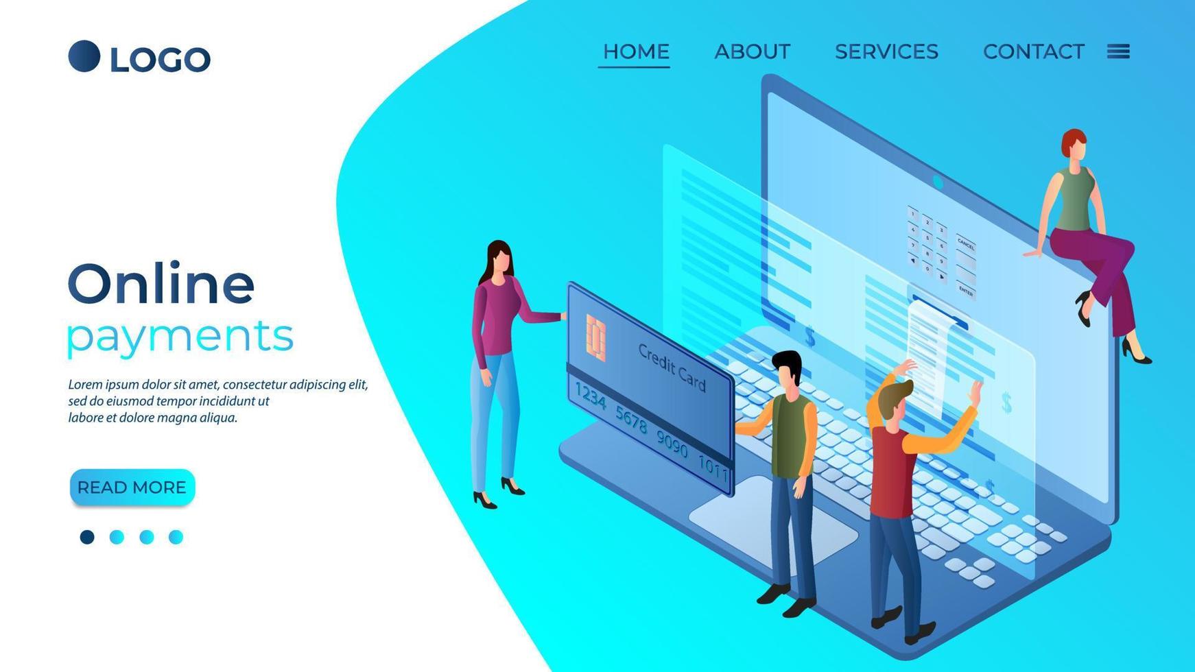 online betalingen.de concept van beveiligen geld transfers Aan de internet.mensen Aan de achtergrond van een laptop en een credit kaart.landing bladzijde sjabloon.isometrisch vector illustratie.
