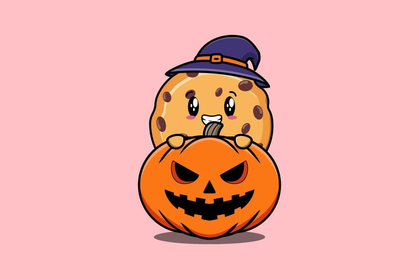 schattig tekenfilm biscuit schuilplaats in pompoen halloween vector