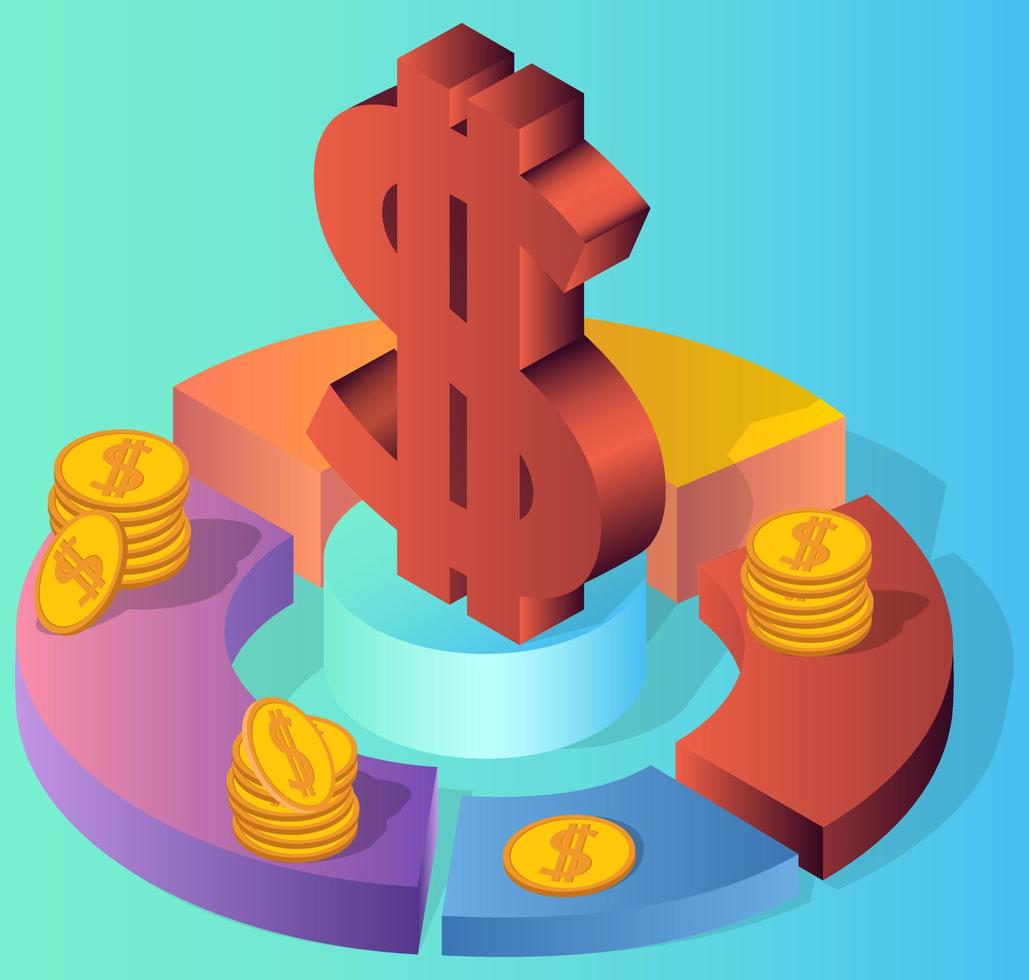 dollar symbool infographic en dollar munten Aan een blauw groen achtergrond.concept van financieel operations.design elementen.isometrisch vector illustratie.