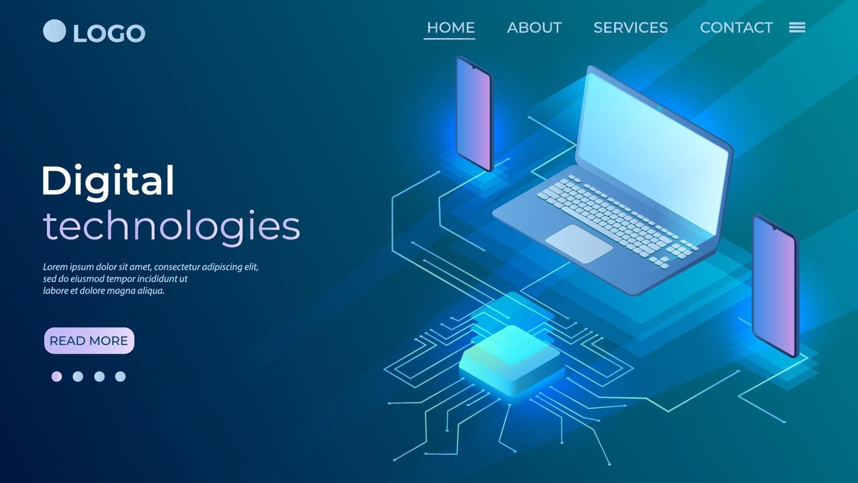 digitaal technologie.web ontwikkeling en software programmering concept.laptops en smartphones zijn verbonden door digitaal technologieën.isometric vector illustratie.