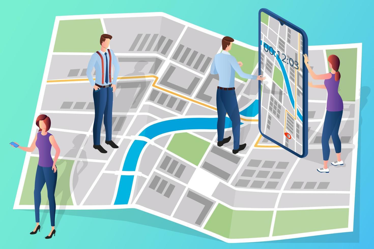 mensen werk met kaarten en een smartphone met een GPS navigator.de concept van modern technologieën wanneer gebruik makend van navigatie.isometrisch vector illustratie.