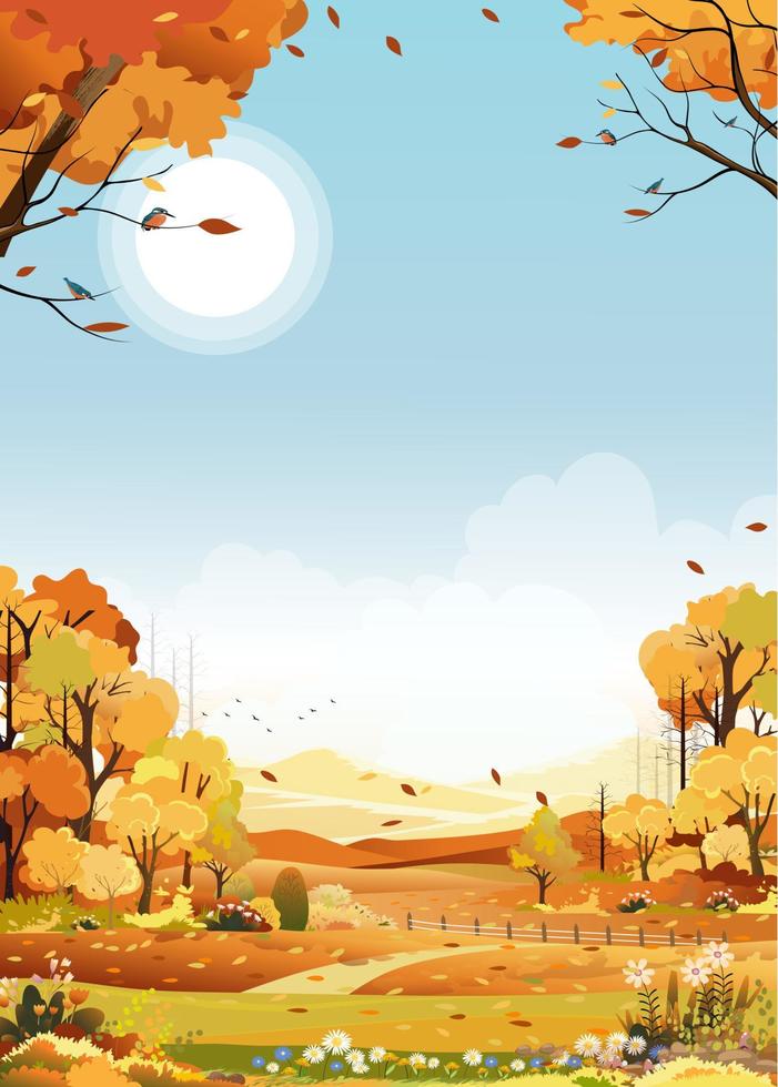 herfst landschap van boerderij veld- met blauw lucht achtergrond, vallen seizoen in platteland met bewolkt lucht en zon, berg, gras land- in oranje gebladerte, vector banier voor herfst- backdrop