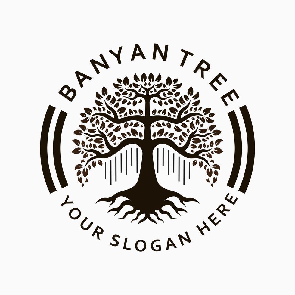 banyan boom logo ontwerp sjabloon. cirkel postzegel stijl logo. boom illustratie vector