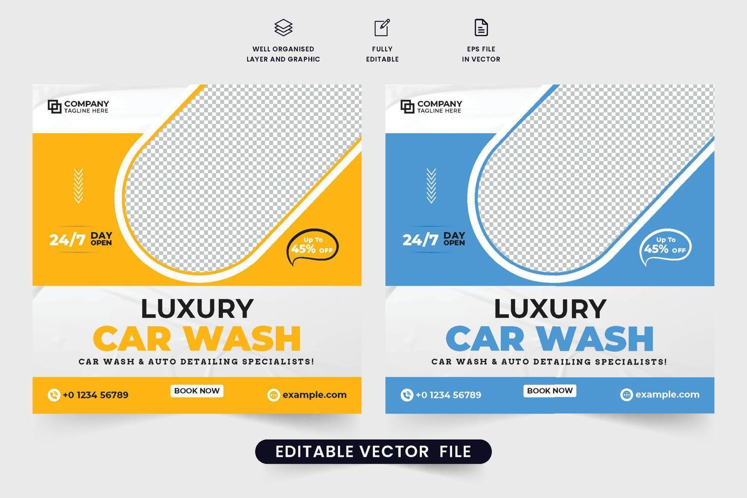 luxe auto wassen en onderhoud onderhoud sociaal media afzet sjabloon vector. voertuig schoonmaak promotionele web banier sjabloon met geel en blauw kleuren. minimaal auto schoonmaak onderhoud sjabloon. vector