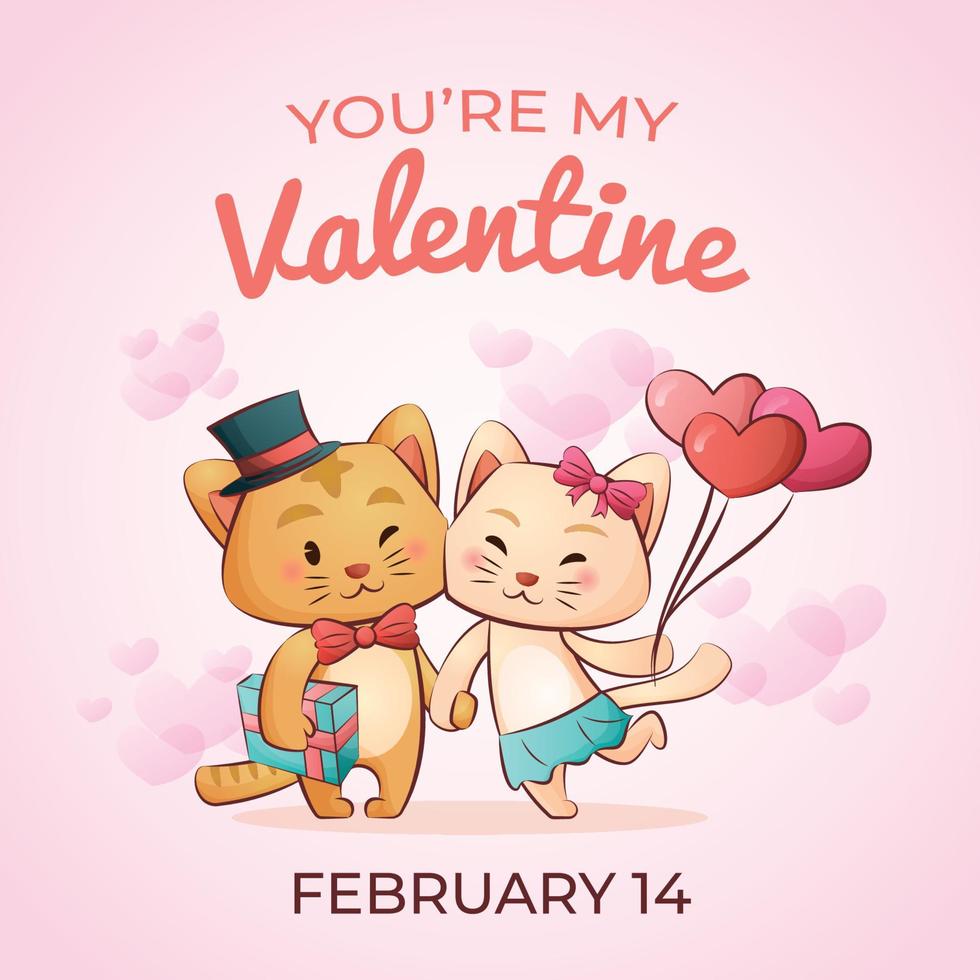 Valentijnsdag dag schattig kat paar hand- getrokken tekenfilm achtergrond illustratie vector