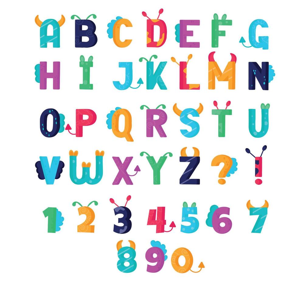 Engels kinderen alfabet met getallen en karakters. vector illustratie