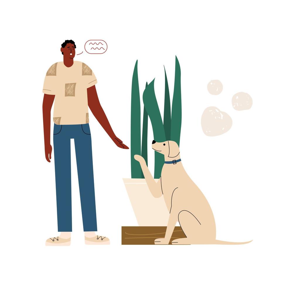 een Afrikaanse Amerikaans Mens is opleiding zijn hond. vriendschap tussen huisdier en menselijk. vector illustratie in vlak stijl
