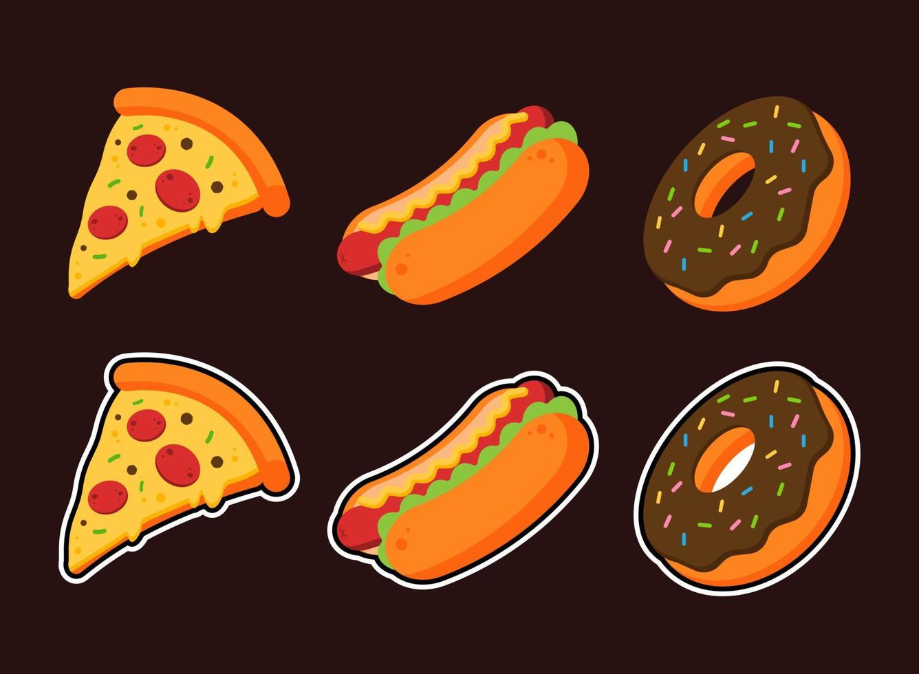 verzameling van snel voedingsmiddelen. reeks van rommel voedingsmiddelen. peperoni pizza, heet hond, en chocola donut. reeks van ongezond menu's concept. schattig tekenfilm maaltijd icoon. vlak vector sticker. grafisch ontwerp illustratie.