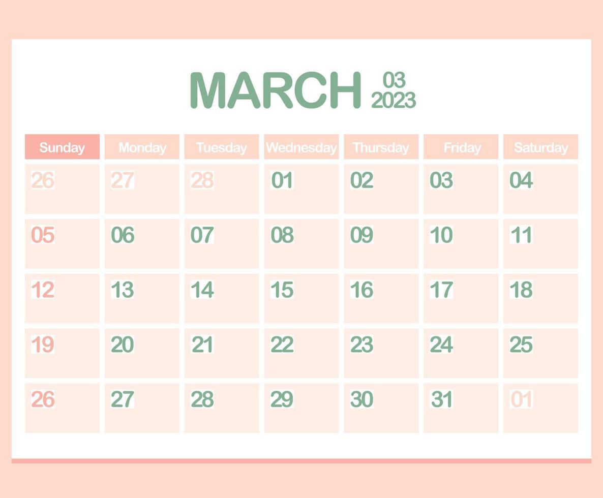 kalender voor jaar 2023. maart. kantoor zakelijke ontwerper sjabloon in pastel kleuren. muur of bureaublad kalender bladzijde. minimalisme. week begint Aan zondag vector