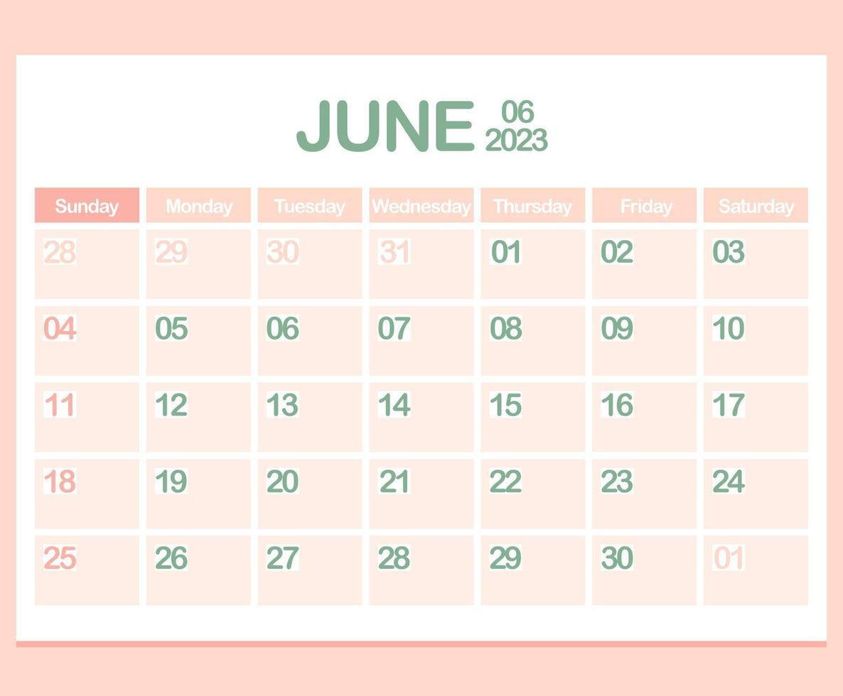 kalender voor jaar 2023. juni. kantoor zakelijke ontwerper sjabloon in pastel kleuren. minimalisme. week begint Aan zondag vector