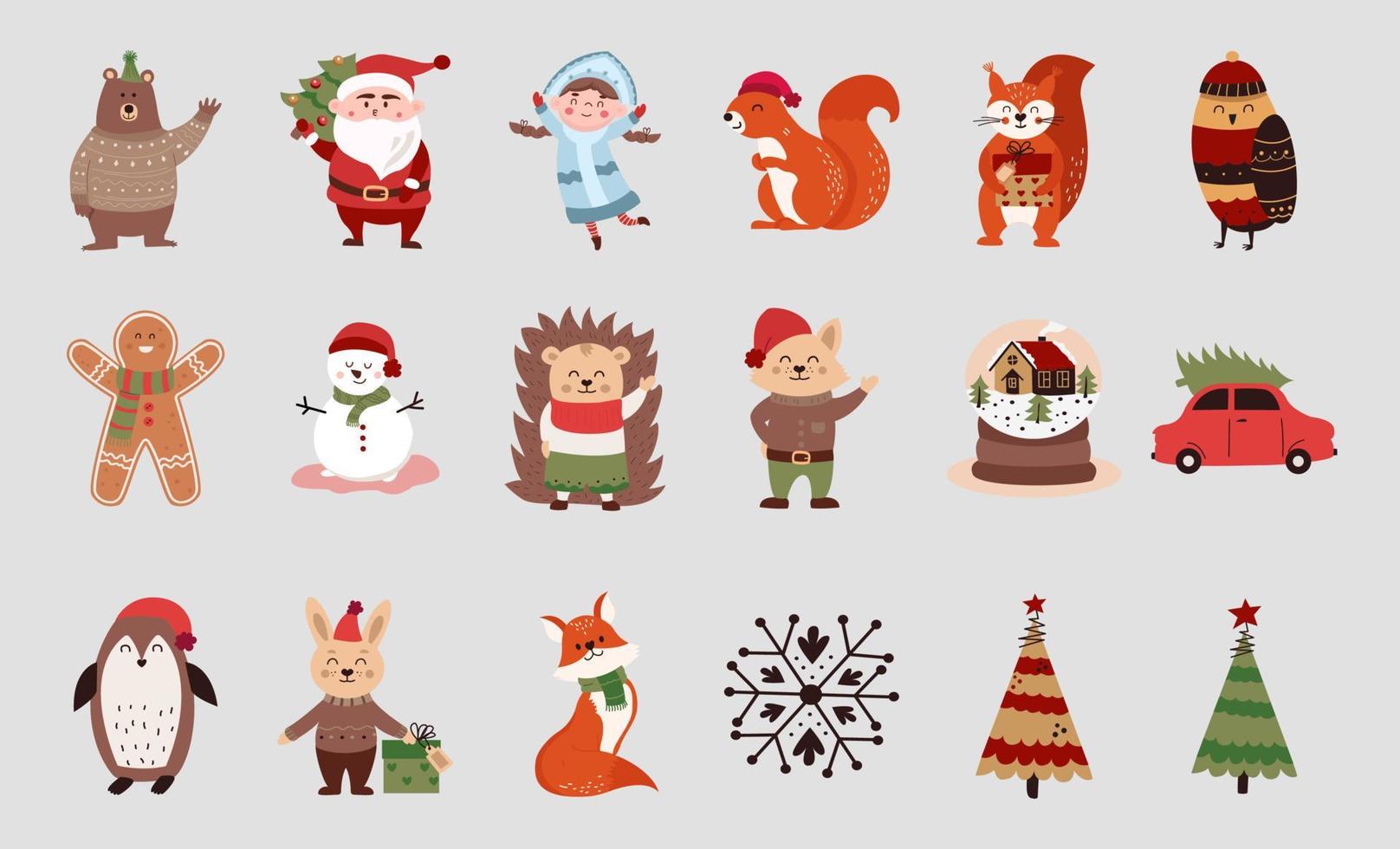 Kerstmis vector reeks van tekenfilm tekens en stickers, de kerstman claus, sneeuw meisje en anderen. vector illustratie