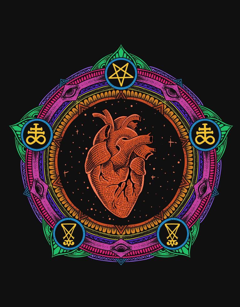 illustratie hart op cirkel mandala gravure stijl vector