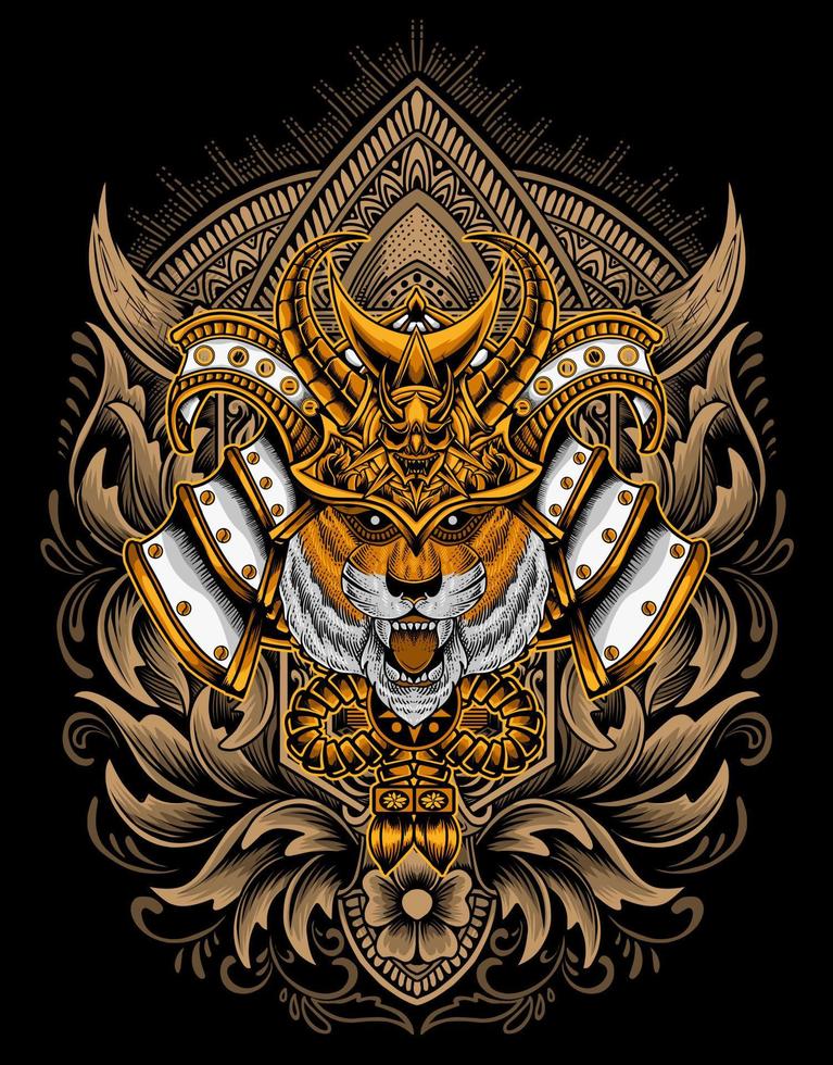 illustratie tijger samurai hoofd met gravure ornament vector