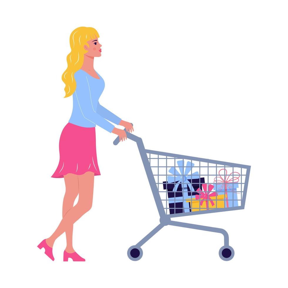 jong vrouw met boodschappen doen kar vol van geschenk dozen. concept van boodschappen doen verslaving, shopaholic gedrag, groot uitverkoop of korting, zwart vrijdag. vrouw karakter geïsoleerd Aan wit achtergrond. vector