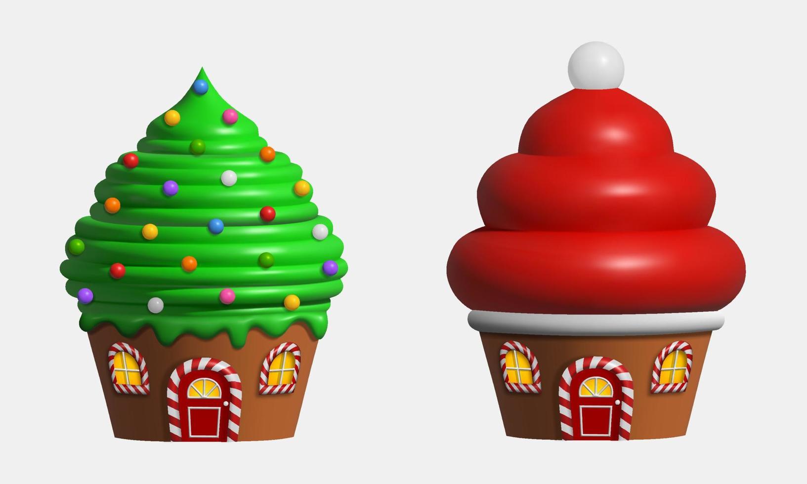 Kerstmis 3d cupcakes. snoepgoed landschap elementen. geïsoleerd koekje vormig huis vector