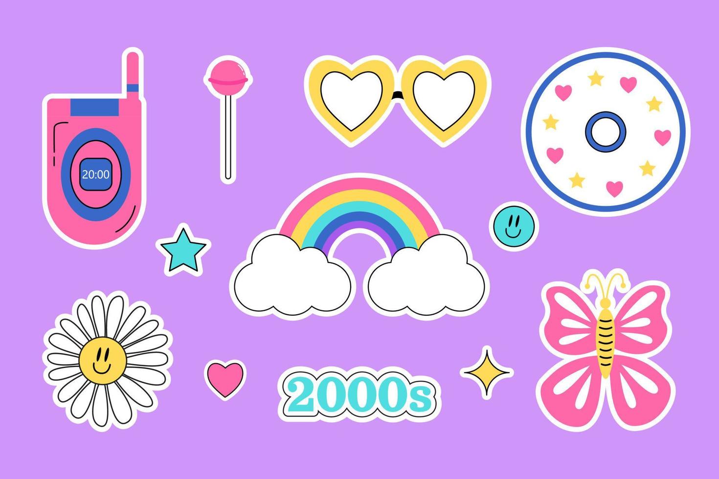 2000 psychedelisch reeks stickers. trippy madeliefje, regenboog, glimlach, lolly, sterren, vlinder, compact schijf, mobiel telefoon, bril Aan Purper achtergrond. y2k gevoel elementen. tekenfilm vector illustratie.