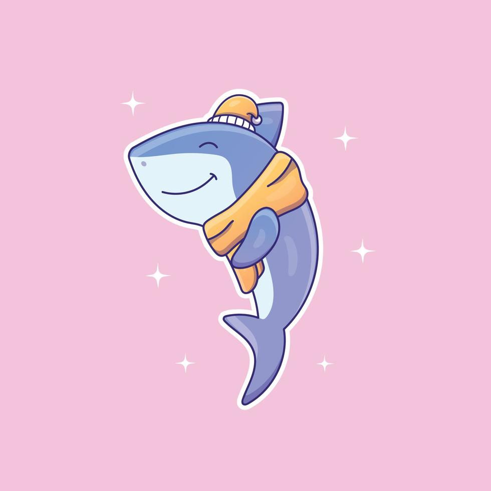schattig tekenfilm haai vervelend een hoed en sjaal vector illustratie