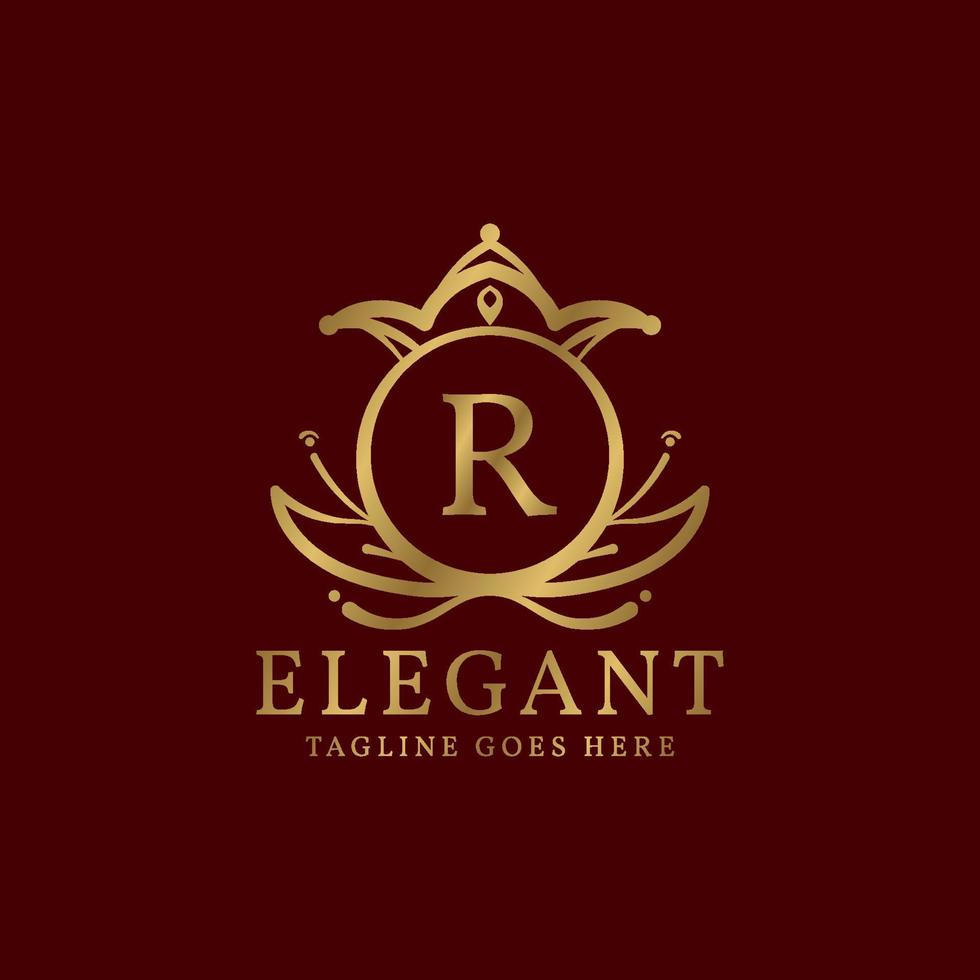 brief r elegant bladeren en kroon kam vector logo ontwerp