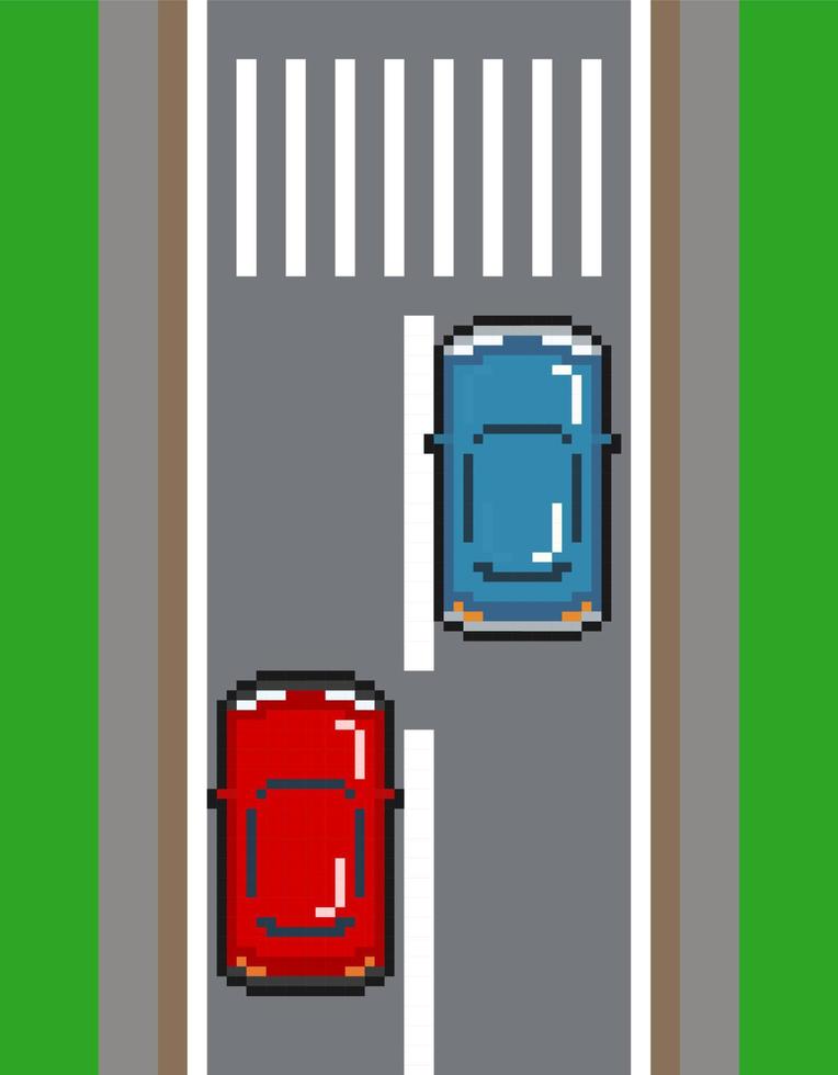 8 beetje pixel verticaal weg met twee auto's. illustratie van verkeer weg vector