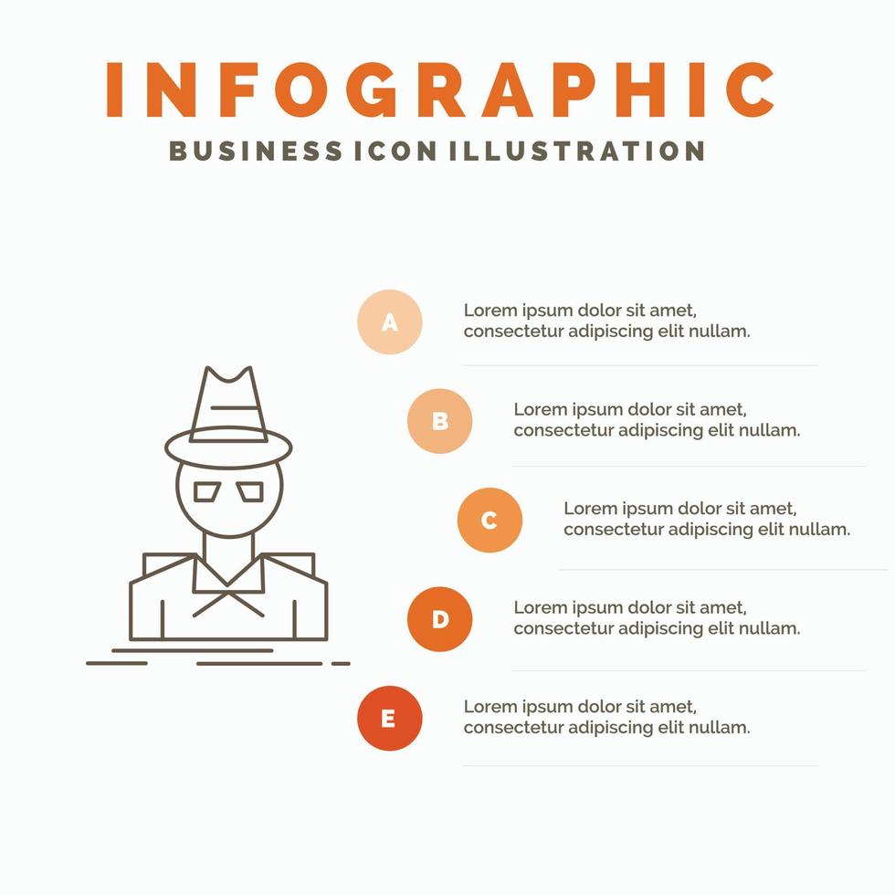 detective. hacker. onherkenbaar. spion. dief infographics sjabloon voor website en presentatie. lijn grijs icoon met oranje infographic stijl vector illustratie