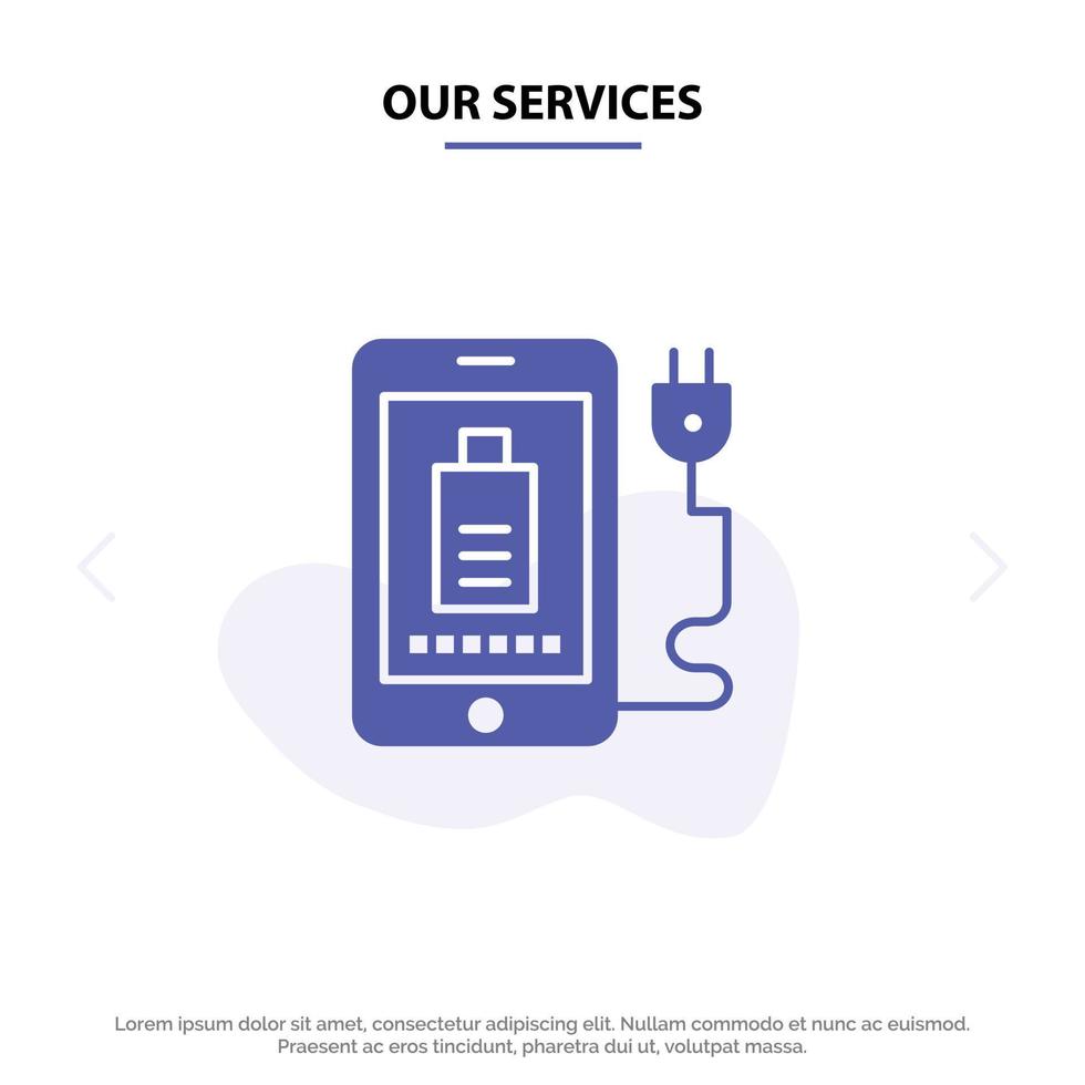 onze Diensten mobiel in rekening brengen vol plug solide glyph icoon web kaart sjabloon vector