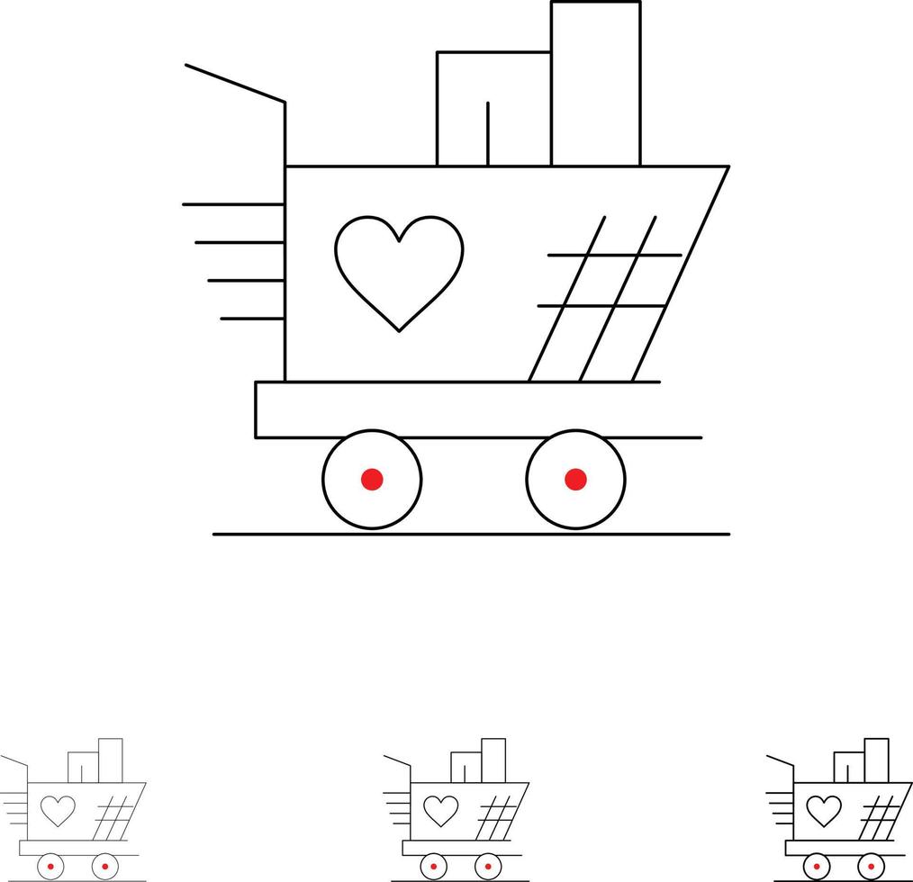 trolley liefde bruiloft hart stoutmoedig en dun zwart lijn icoon reeks vector