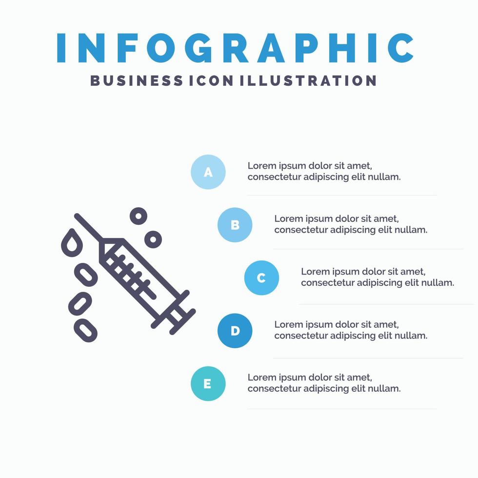 injectie injectiespuit vaccin behandeling blauw infographics sjabloon 5 stappen vector lijn icoon sjabloon