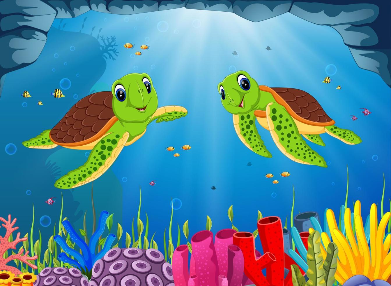 de oceaan visie met de twee groen schildpad zwemmen vector
