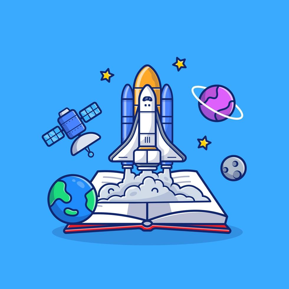 ruimte shuttle met boek, satelliet en planeten tekenfilm vector icoon illustratie. onderwijs ruimte icoon concept geïsoleerd premie vector. vlak tekenfilm stijl