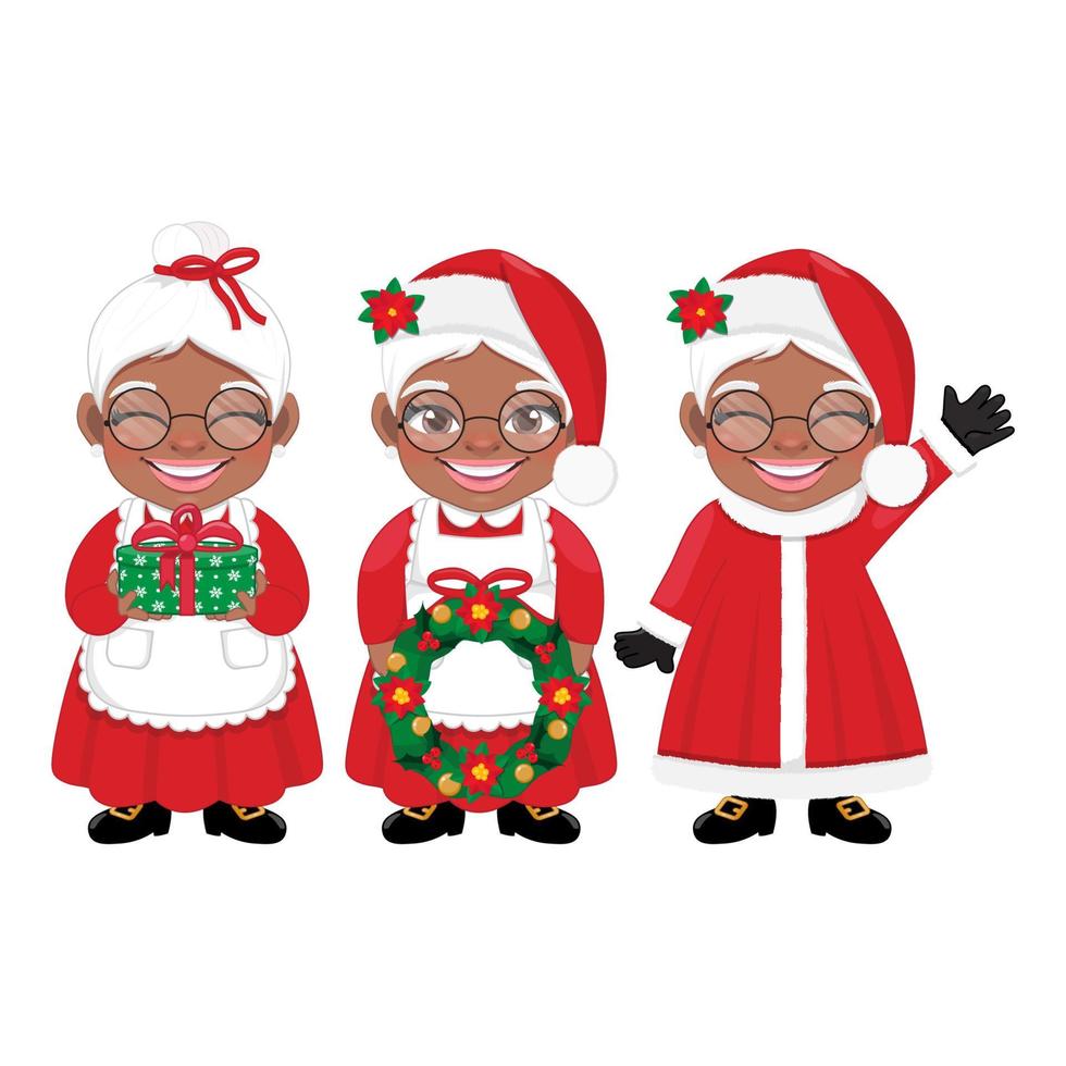 reeks van mevrouw claus zwart huid vector geïsoleerd Aan wit achtergrond. schattig afro de kerstman vrouw tekenfilm karakter met gife doos, Holding Kerstmis lauwerkrans, golvend en groet. voor Kerstmis kaarten