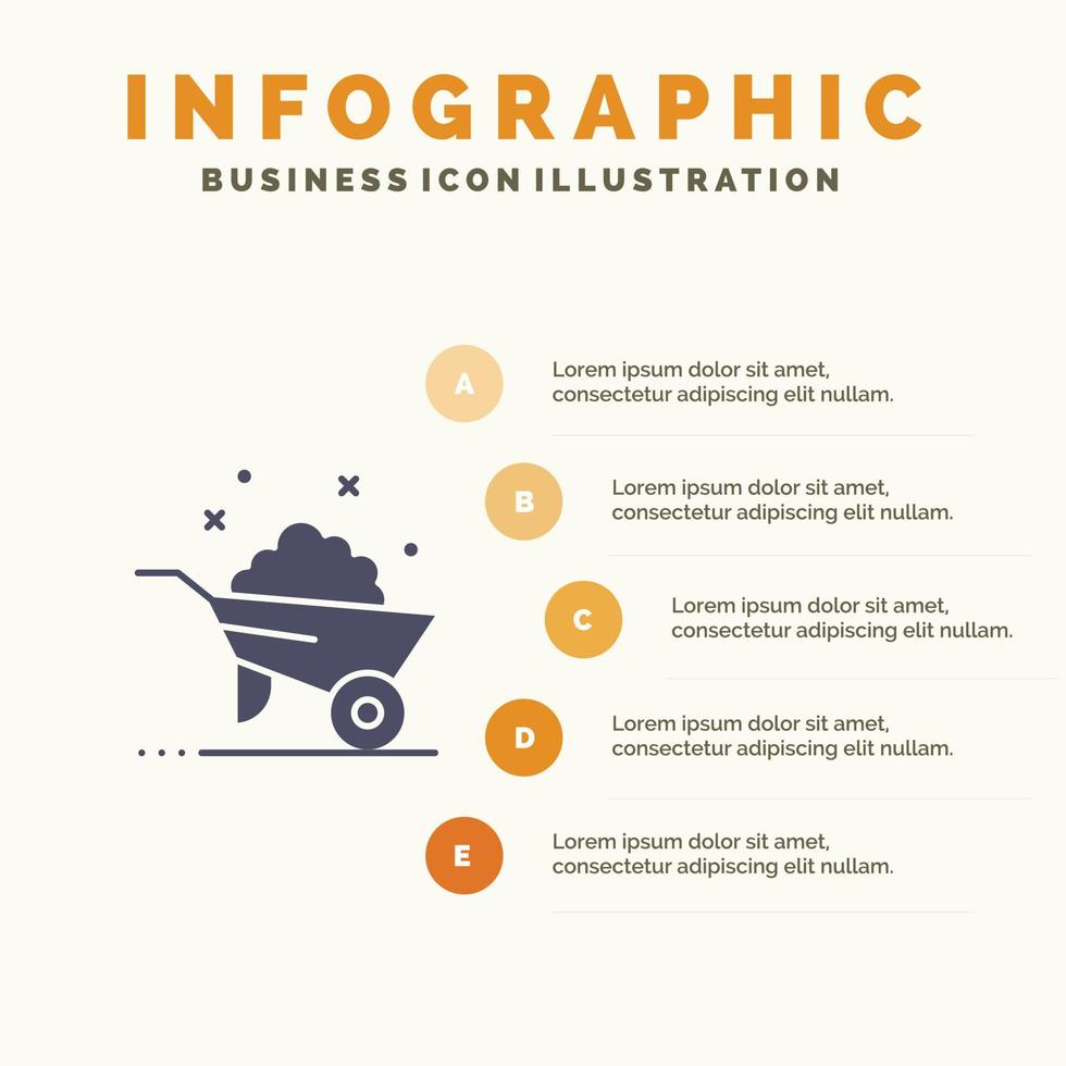 kruiwagen bouw wiel voorjaar solide icoon infographics 5 stappen presentatie achtergrond vector