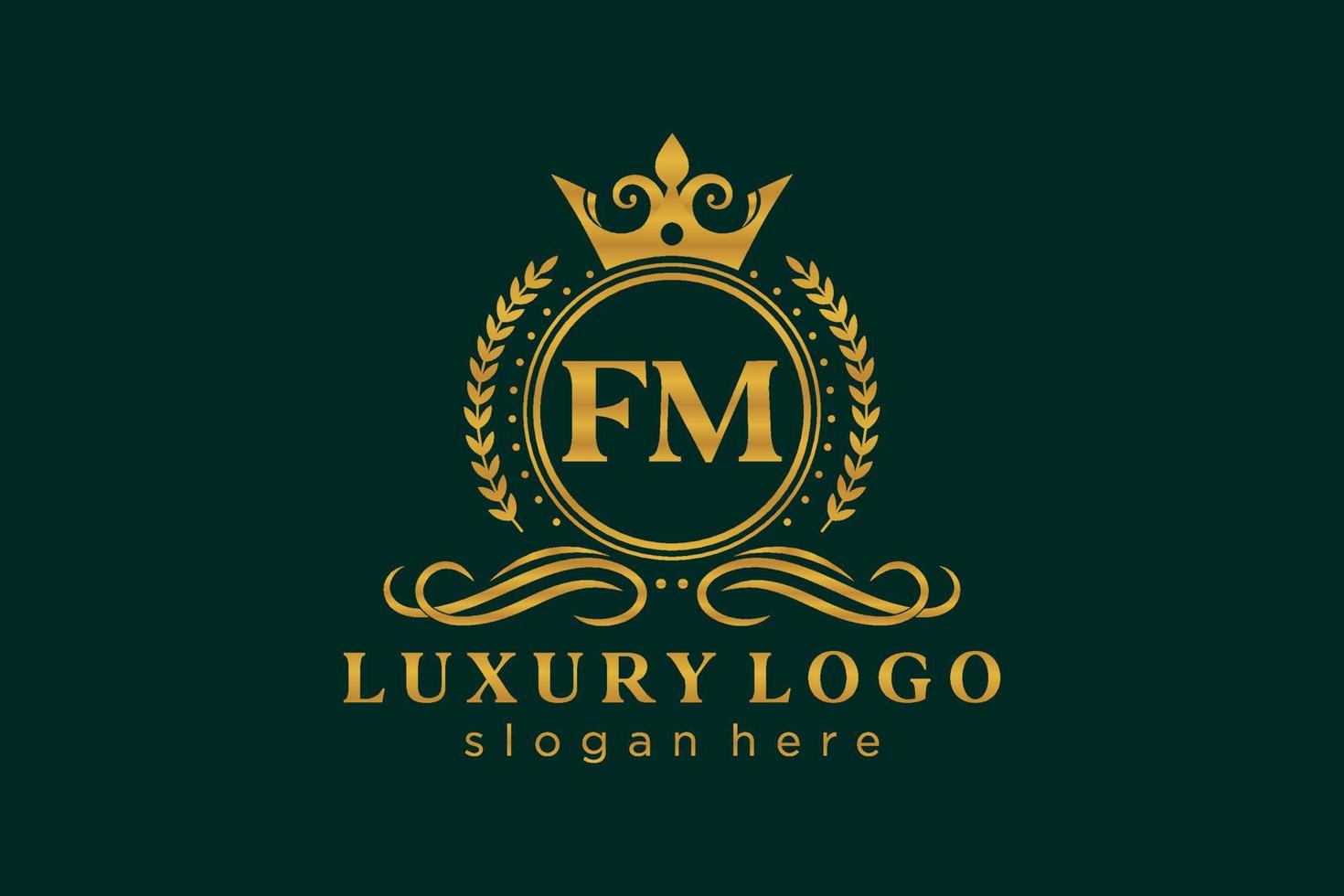 eerste fm brief Koninklijk luxe logo sjabloon in vector kunst voor restaurant, royalty, boetiek, cafe, hotel, heraldisch, sieraden, mode en andere vector illustratie.