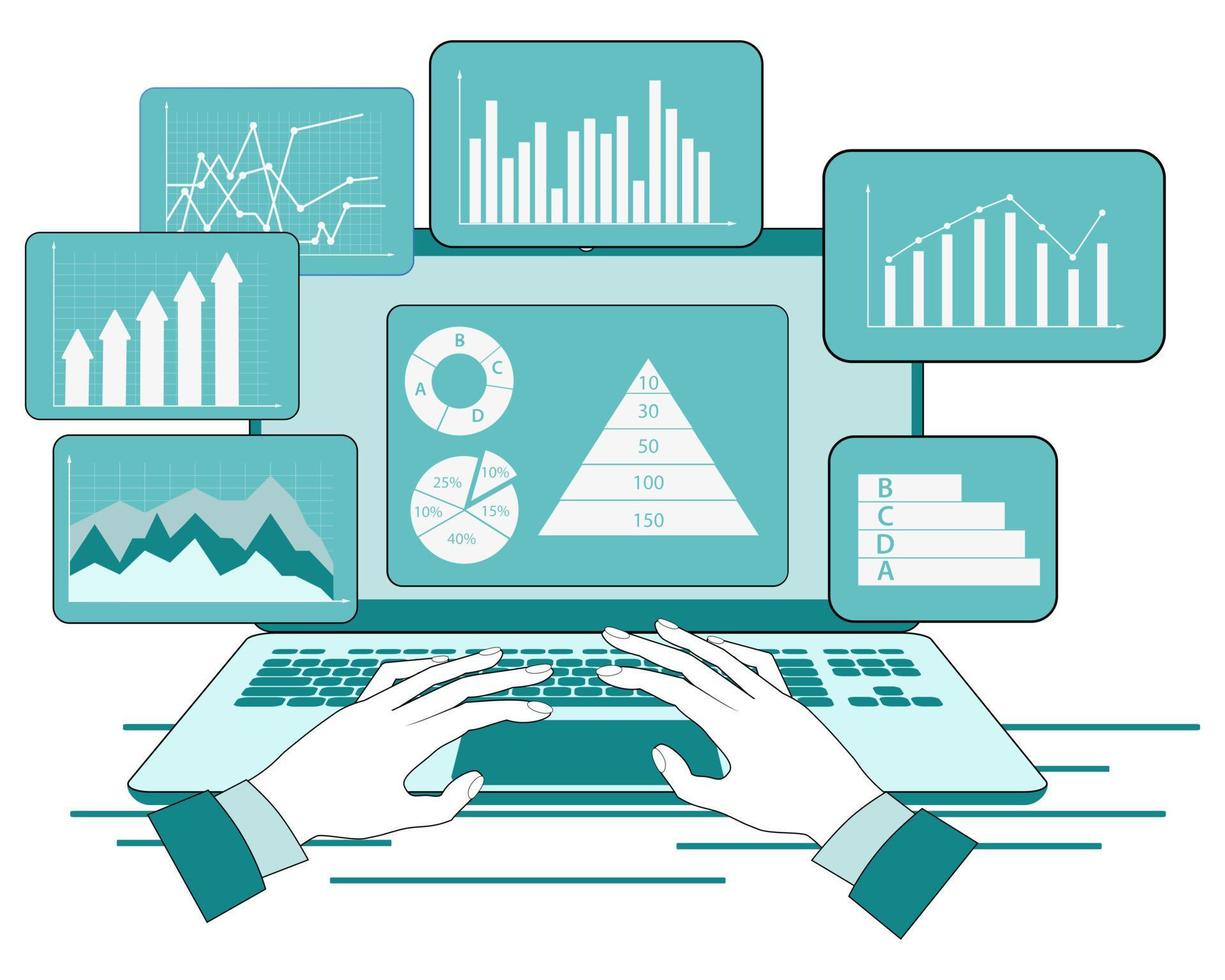 een zakenman werken met analytics.a zakenman studies een infographic Aan een computer scherm.de concept van samenspel en gegevens boekhouding.bedrijf en project financiering.isometrisch vector illustratie.