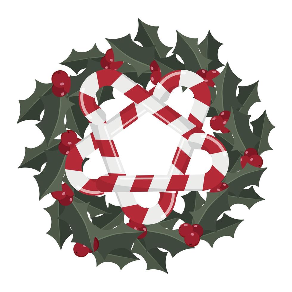 Kerstmis krans met goud ballen, snoep wandelstokken en kegels. geïsoleerd Aan wit achtergrond. vakantie groet kaart sjabloon. hand- getrokken stijl vector illustratie.