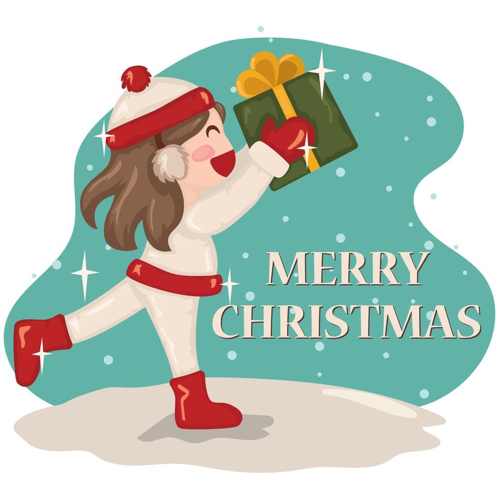 schattig meisje Holding een groot lint met boog omwikkeld geschenk doos in handen omhoog haar in armen. vlak stijl vector illustratie geïsoleerd Aan Kerstmis achtergrond.