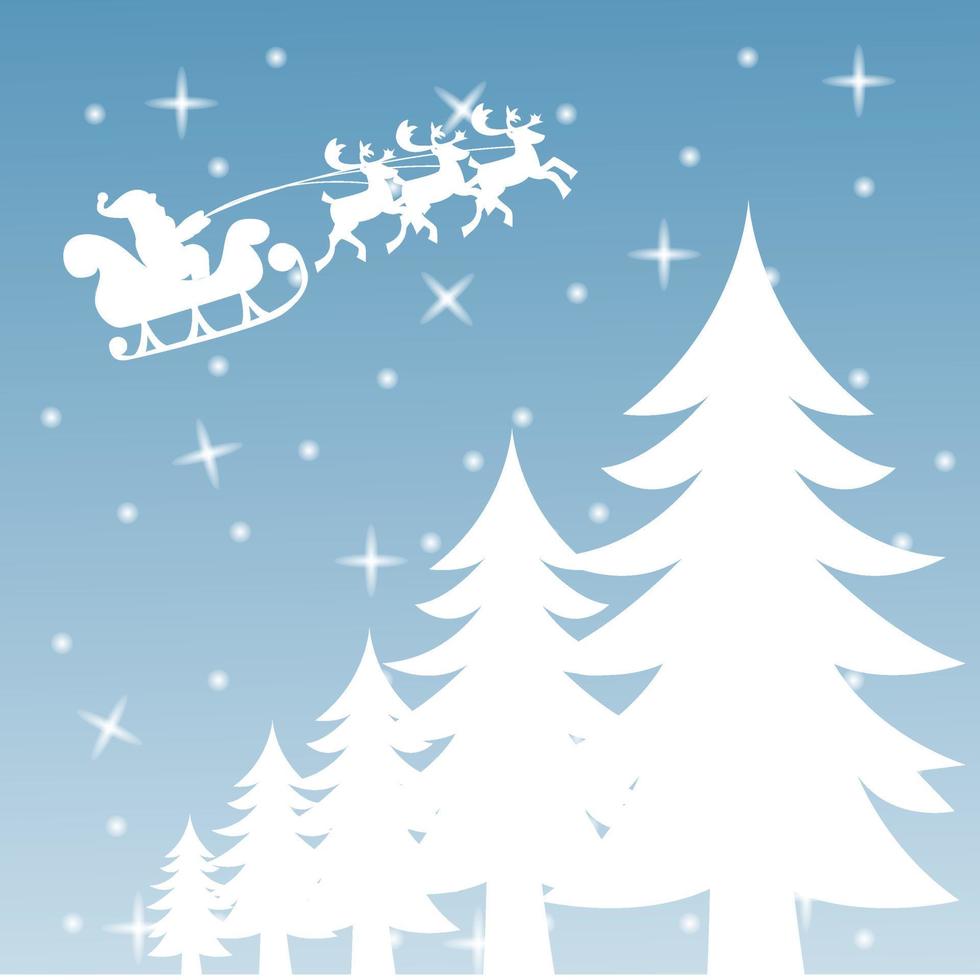 de kerstman claus met slee en rendier silhouet Kerstmis slee. vliegend over- de winter Woud. Kerstmis sneeuwval. vector