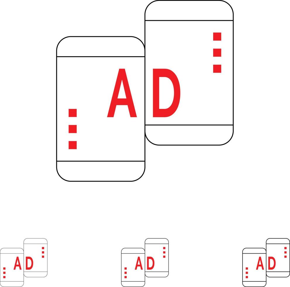 reclame mobiel mobiel reclame afzet stoutmoedig en dun zwart lijn icoon reeks vector