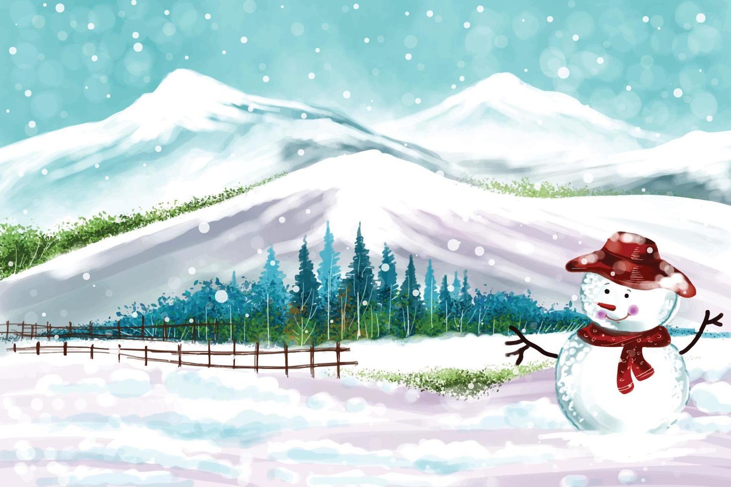 nieuw jaar en Kerstmis boom winter landschap achtergrond met sneeuwman kaart ontwerp vector