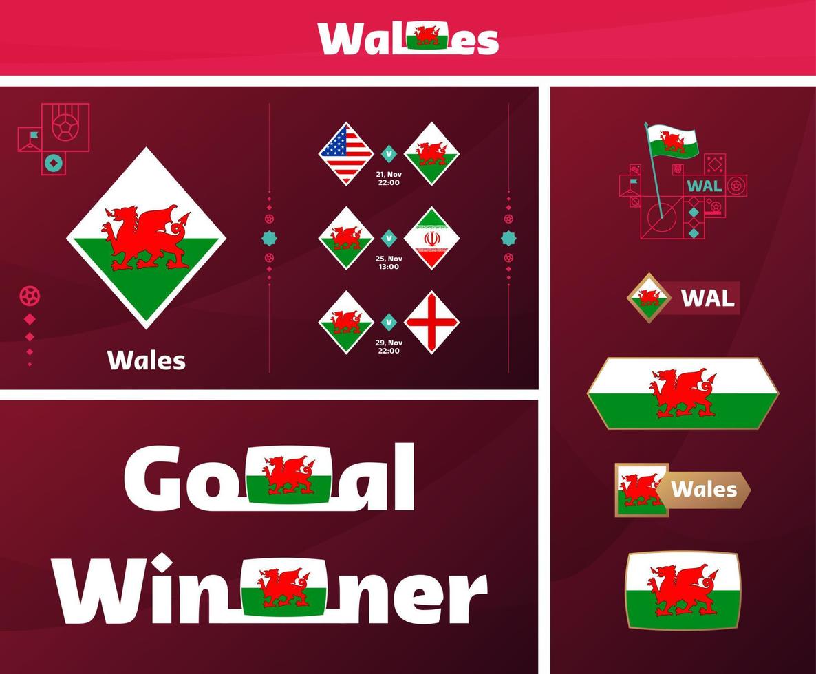 Wales nationaal team ontwerp media uitrusting grafisch verzameling. 2022 wereld Amerikaans voetbal of voetbal kampioenschap ontwerp elementen vector set. spandoeken, affiches, sociaal media uitrusting, Sjablonen, scorebord