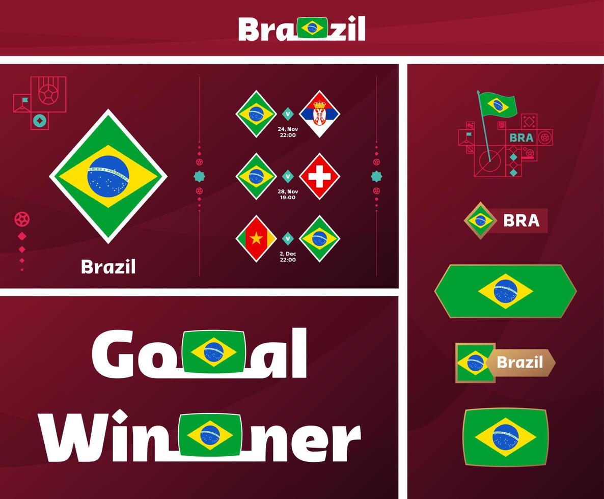 Brazilië nationaal team ontwerp media uitrusting grafisch verzameling. 2022 wereld Amerikaans voetbal of voetbal kampioenschap ontwerp elementen vector set. spandoeken, affiches, sociaal media uitrusting, Sjablonen, scorebord