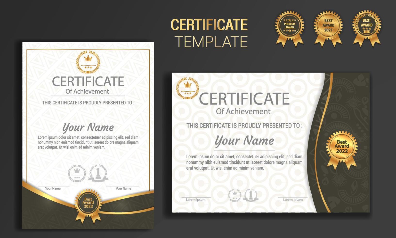 certificaat sjabloon met elegant hoek kader en luxe realistisch structuur patroon, diploma premie badges ontwerp vector illustratie