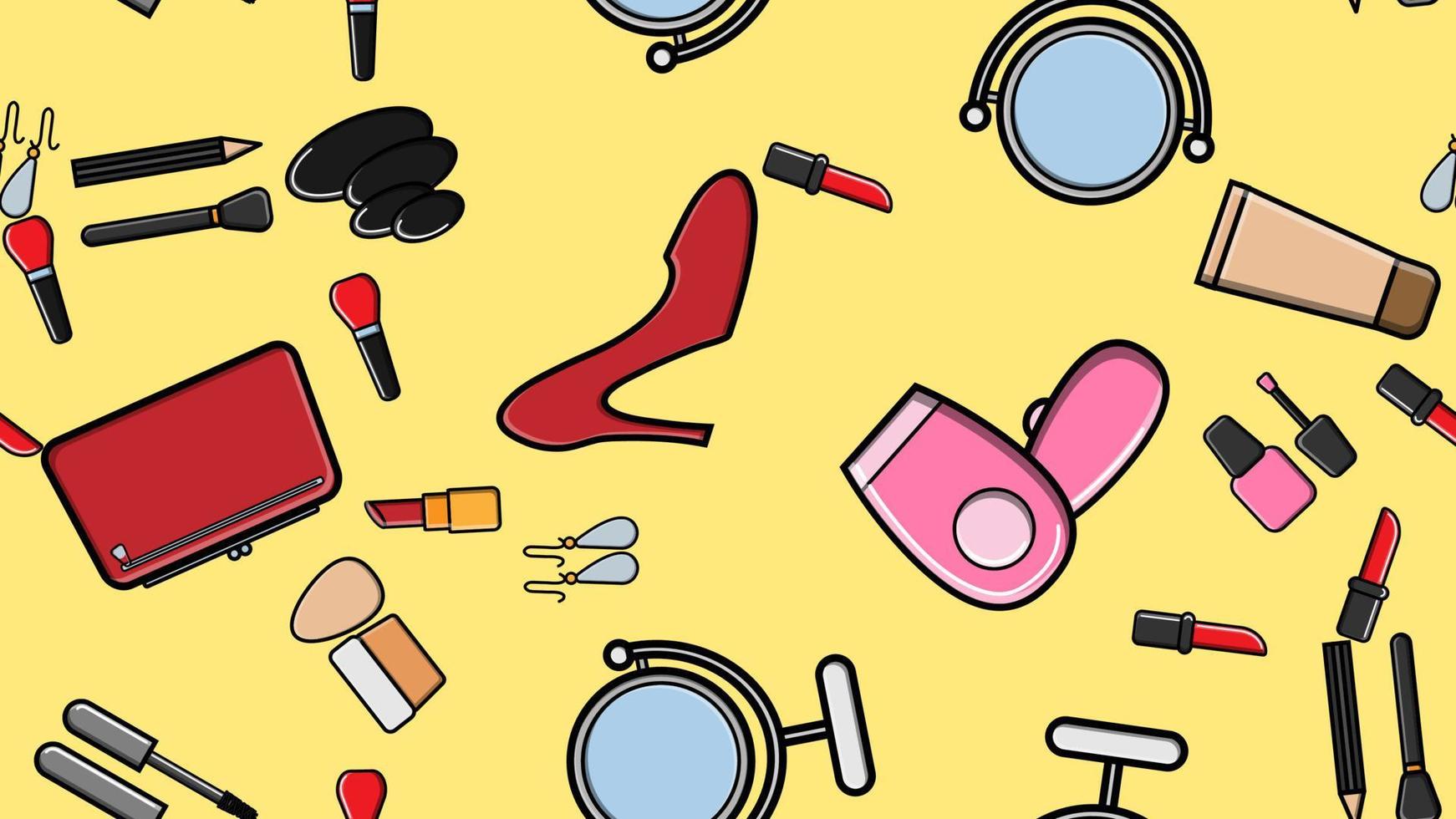 eindeloos naadloos patroon van mooi schoonheid items van vrouw glamoureus modieus poeders, lippenstiften, vernissen, crèmes, schoonheidsmiddelen Aan een geel achtergrond. vector illustratie