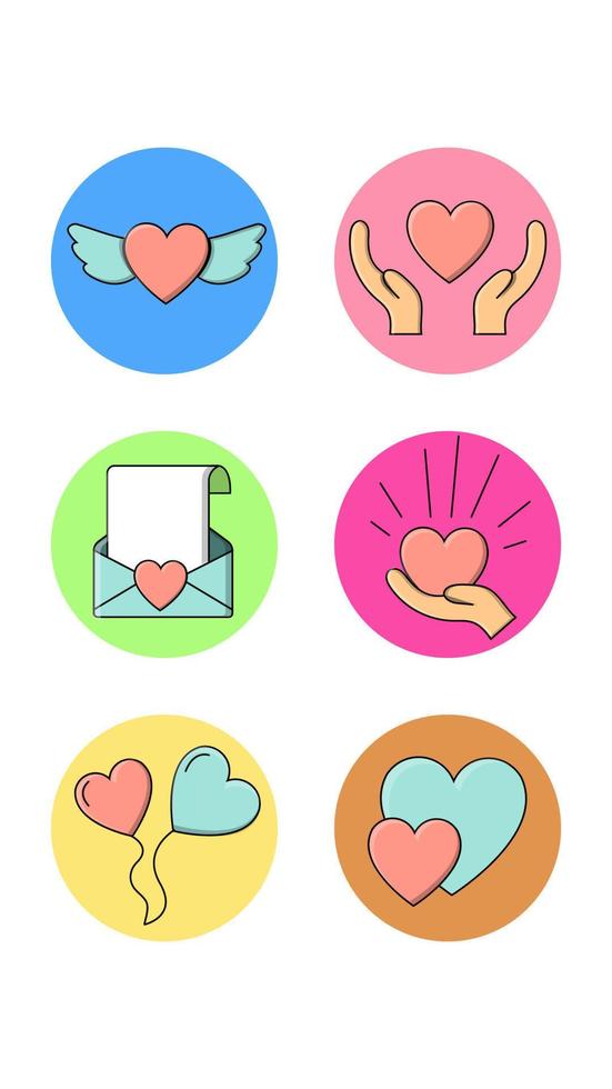 een reeks van zes ronde pictogrammen voor modieus met liefde feestelijk voorwerpen harten met Vleugels en handen in brief en ballon Aan een wit achtergrond. vector illustratie