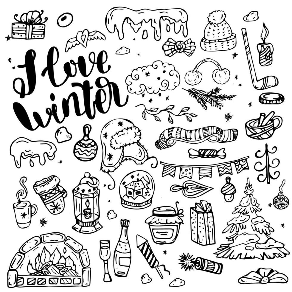 een reeks van doodles Aan de thema van de winter seizoen - sneeuwvlokken, Kerstmis boom, geschenk dozen, klassiek decoraties, breigoed, winter sport. vector uit de vrije hand tekeningen geïsoleerd Aan wit achtergrond.