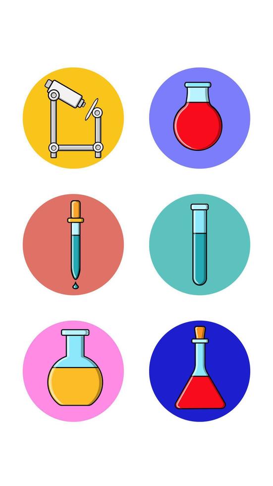 reeks van zes ronde pictogrammen voor actueel met medisch medisch farmacologische onderwerpen microscoop fles pipet Aan een wit achtergrond. vector illustratie