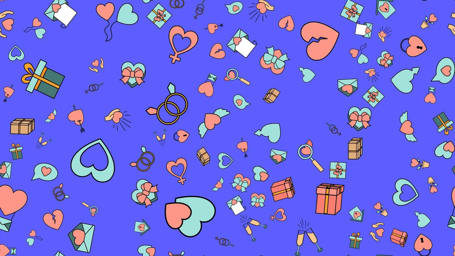 structuur naadloos patroon van een reeks van liefde items met harten en cadeaus voor de vakantie van liefde Valentijnsdag dag februari 14 of maart 8 Aan een blauw achtergrond. vector illustratie