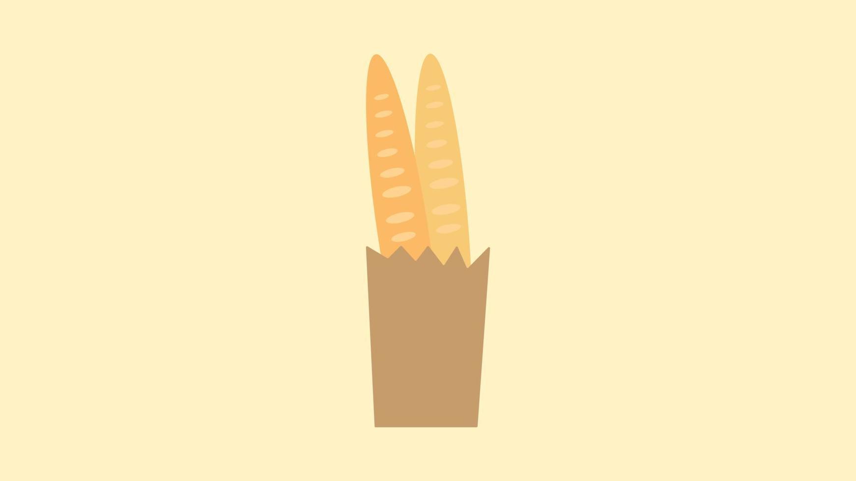 zak met een baguette Aan een beige achtergrond, vector illustratie. baguette in een papier tas, bakkerij voedsel. watertanden producten. ongezond voedsel. groente brood