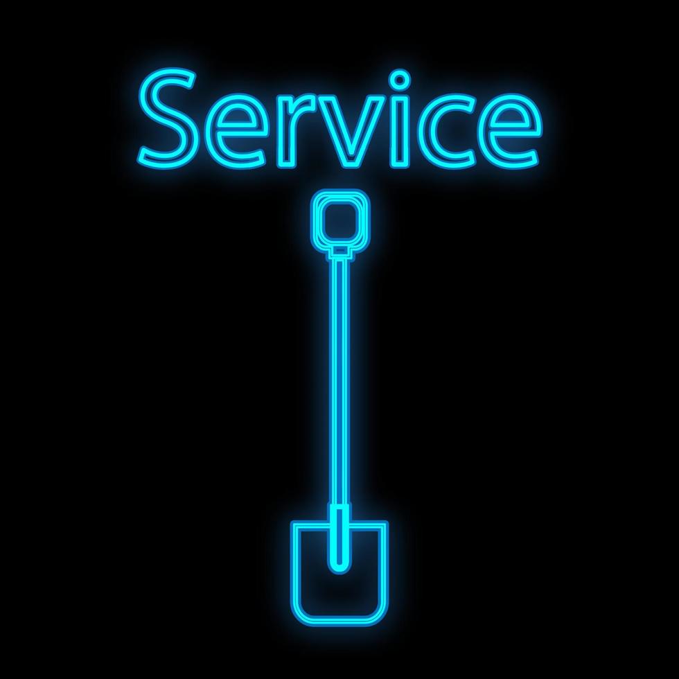 helder lichtgevend blauw industrieel digitaal neon teken voor winkel werkplaats onderhoud centrum mooi glimmend met een Schep voor reparatie Aan een zwart achtergrond en de opschrift onderhoud. vector illustratie
